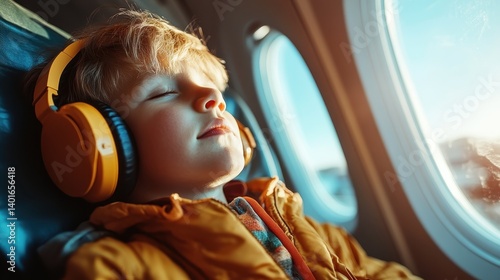 Obraz na płótnie A young boy wearing headphones blissfully enjoys music during a flight, capturing the essence of travel and childhood joy in a serene window seat atmosphere. w salonie