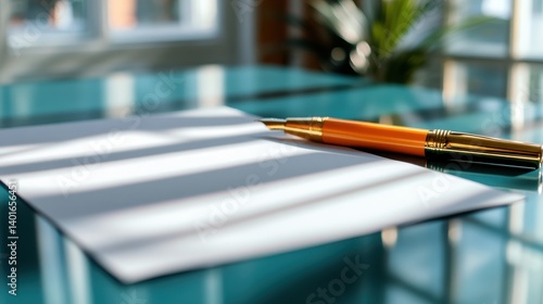 Obraz na płótnie A blank piece of paper and a golden pen on a glass table, bathed in natural light, evoke a sense of inspiration and creativity, inviting the viewer to begin a new journey. w salonie