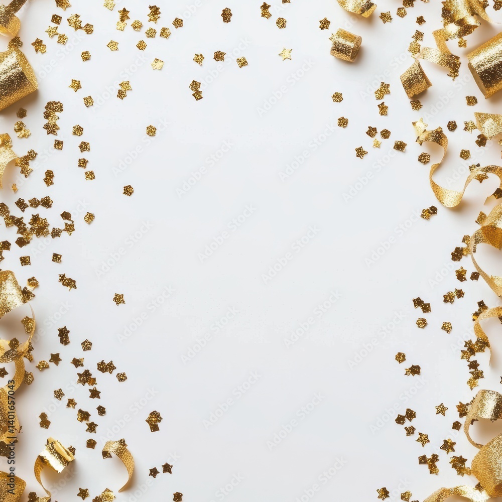 A white background adorned with sparkling gold confetti and vibrant streamers.