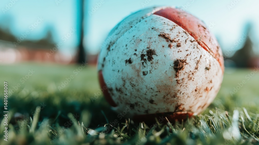 A close-up shot of a weathered soccer ball resting on the grass, highlighting the texture of the ball and the rugged outdoor conditions of a playful game.