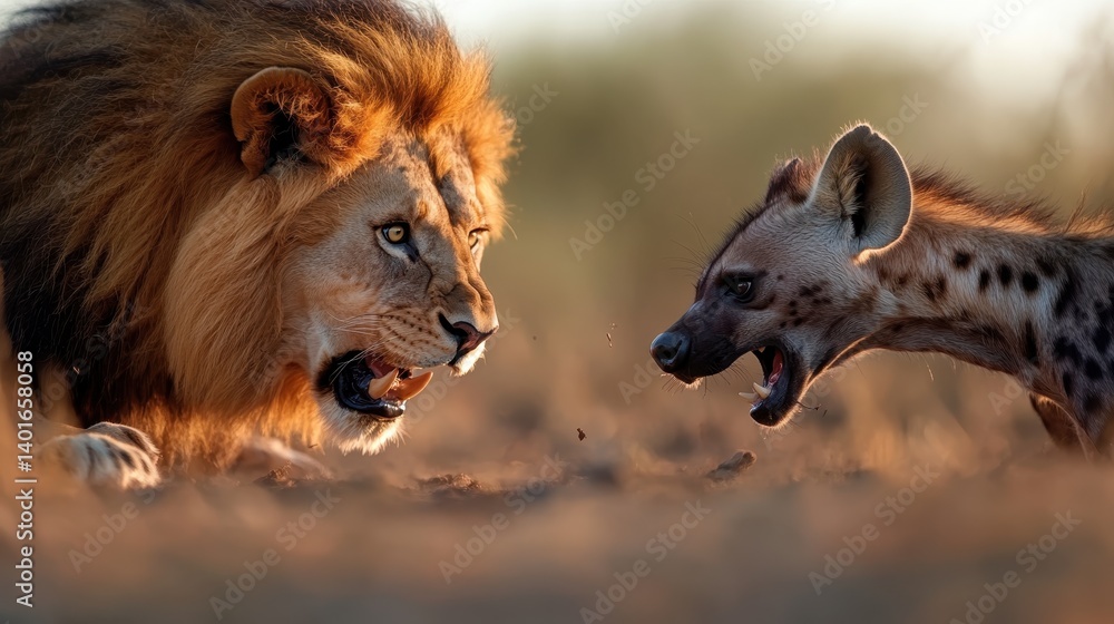 The powerful gaze of a lion facing a snarling hyena creates an intense visual narrative of the wild, capturing the essence of nature's law and the thrill of survival.