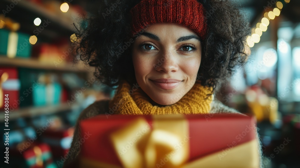 A cheerful woman holding a beautifully wrapped gift exudes warmth and happiness, surrounded by a festive atmosphere filled with holiday spirit and vibrant decorations.