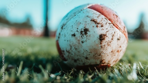 Obraz na płótnie A close-up shot of a weathered soccer ball resting on the grass, highlighting the texture of the ball and the rugged outdoor conditions of a playful game. w salonie