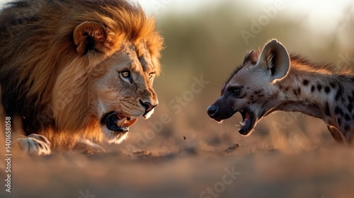 Obraz na płótnie The powerful gaze of a lion facing a snarling hyena creates an intense visual narrative of the wild, capturing the essence of nature's law and the thrill of survival. w salonie