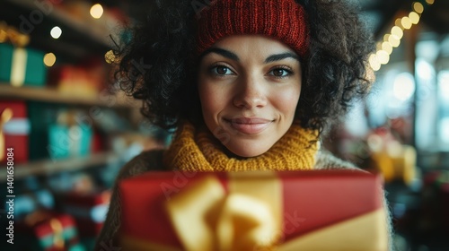 Obraz na płótnie A cheerful woman holding a beautifully wrapped gift exudes warmth and happiness, surrounded by a festive atmosphere filled with holiday spirit and vibrant decorations. w salonie