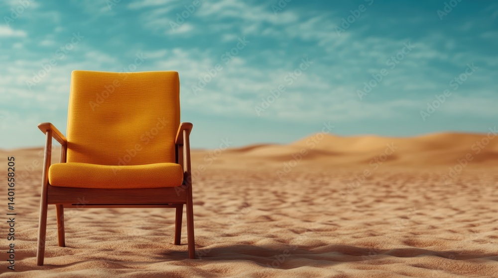 A bright yellow armchair stands alone in a vast sandy desert, symbolizing isolation and contemplation in a serene yet barren environment under a clear blue sky.