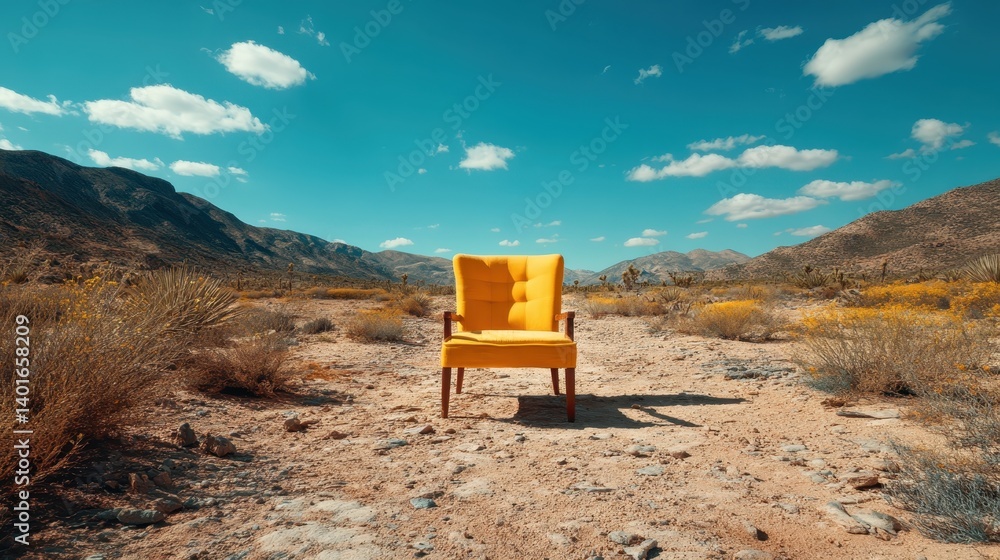 Emphasizing both color and form, the yellow chair is set against a mountainous backdrop in the desert, creating an image rich in contrast and visual interest.
