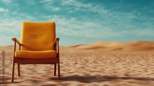 A bright yellow armchair stands alone in a vast sandy desert, symbolizing isolation and contemplation in a serene yet barren environment under a clear blue sky.