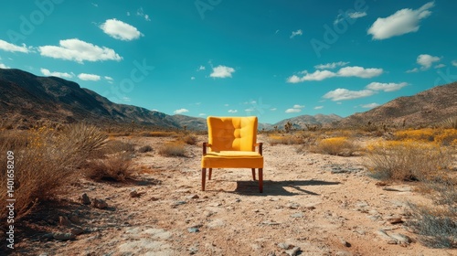 Obraz na płótnie Emphasizing both color and form, the yellow chair is set against a mountainous backdrop in the desert, creating an image rich in contrast and visual interest. w salonie