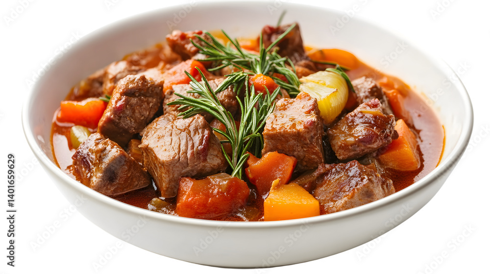 Delicious Meat and Vegetable Stew Isolated on White Background for Culinary Designs Delicious Meat and Vegetable Stew Isolated on White Background for Culinary Designs