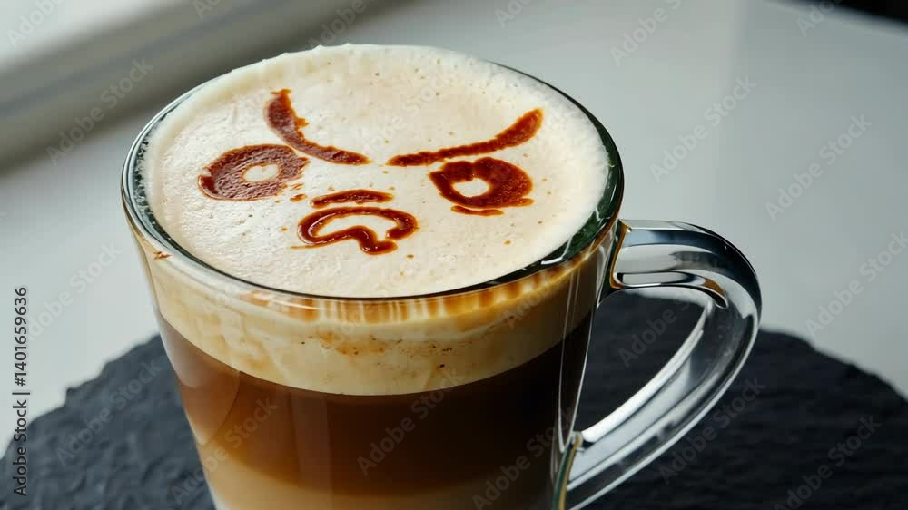 Craft latte beverage in clear mug with angry face drawn on top of the foamy froth, placed on black slate. Craft latte beverage in clear mug with angry face drawn on top of the foamy froth, placed on black slate.