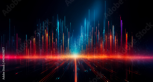 Abstract image with vibrant vertical lines in blue and red against a dark backdrop, resembling a futuristic cityscape or digital data stream with a bright horizon light.