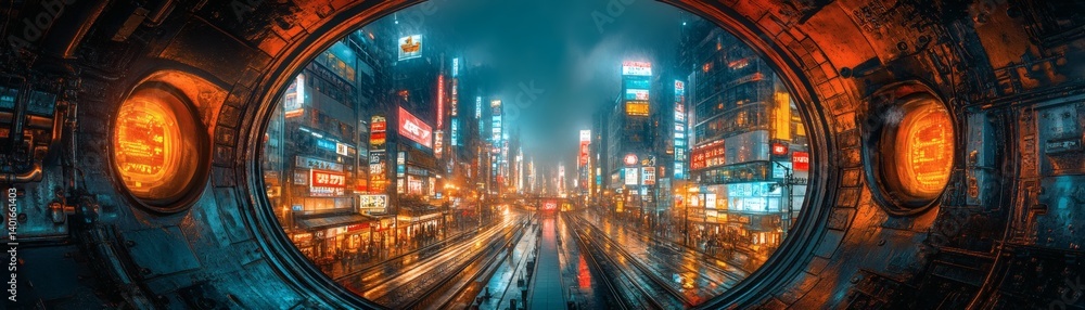 Naklejka premium Futuristic cityscape seen through a circular portal, highlighting urban landscape. The scene features vibrant lights and a dynamic, modern metropolis