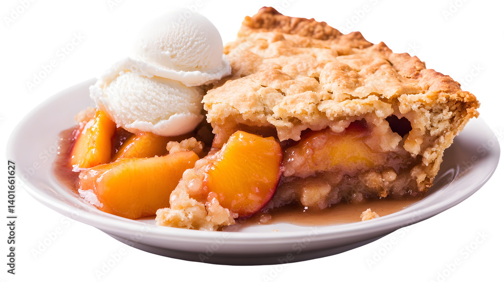 Delicious Peach Cobbler with Ice Cream Dessert on White Background for Food Photography Delicious Peach Cobbler with Ice Cream Dessert on White Background for Food Photography