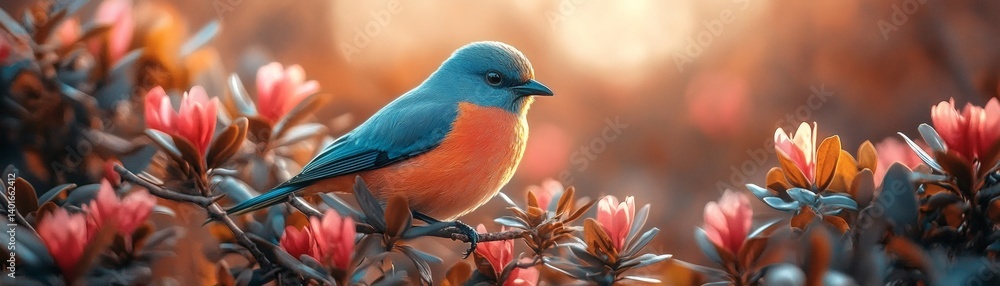 Fototapeta premium A charming bluebird perched among colorful flowers, with a soft, dreamy atmosphere