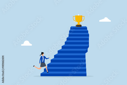 Woman success, businesswoman rushes quickly up stairs to grab winning trophy.