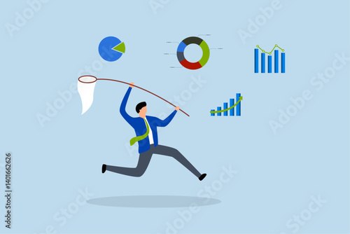 Collect data, businessman catch data graph and chart with butterfly net.