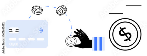 Credit card, hand tossing dollar coins, and large coin show a concept of payment system. Ideal for banking, finance, e-commerce, technology, convenience digital wallet cashless economy. Flat simple