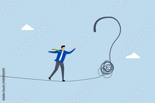 Uncertainty,  businessman acrobat rope walking to find question mark.