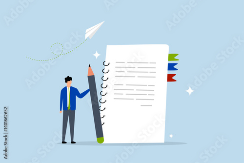Write note on notebook paper, business man holding pencil writing message on notebook paper.