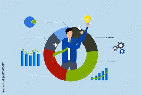 Data scientist analyze data, businessman analyze data with lightbulb.