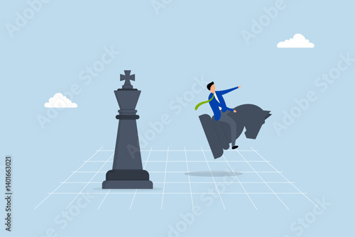 Strategic move, businessman riding chess knight lead team to win chess victory.
