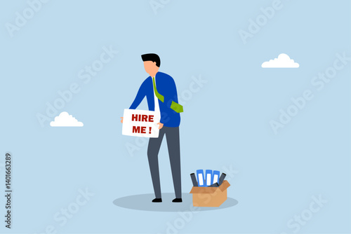 Hire me looking for job, unemployed businessman holding sign hire me to employer.