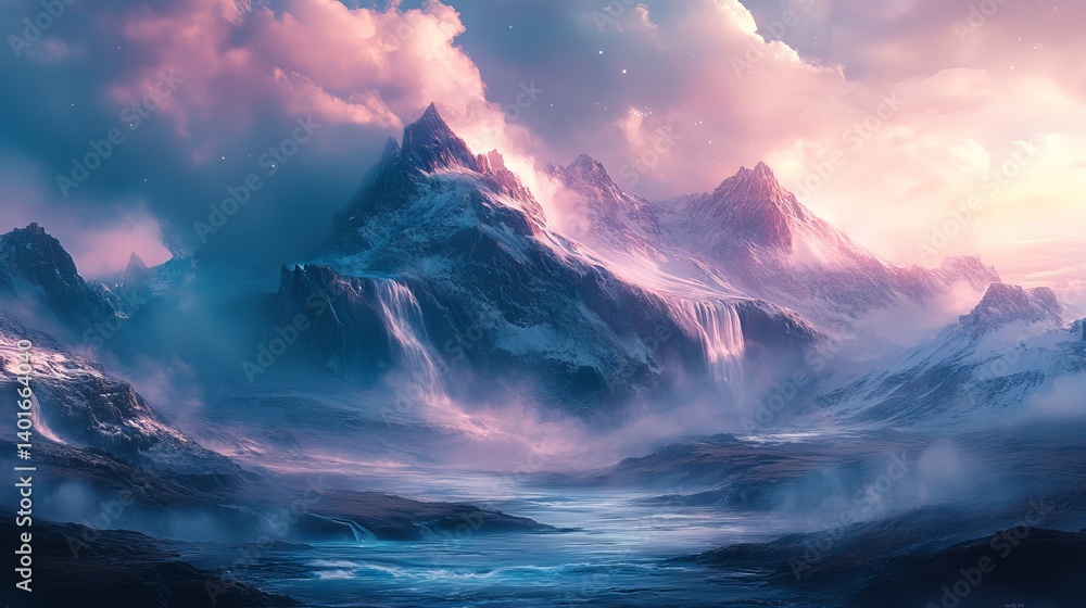 Beautiful mountain landscape painting with snow peaks and river fantasy art background wallpaper image Beautiful mountain landscape painting with snow peaks and river fantasy art background wallpaper image