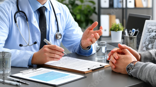 <Professional Healthcare Consultation: Doctor and Patient Discussing Treatment and Creating Trust in a Clinical Setting>