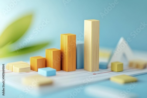 Wooden Block Graph Showing Growth and Success on a Blue Background