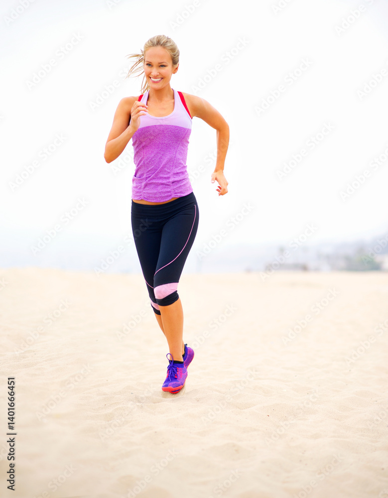 Portrait, runner and woman at beach running for exercise, training or fitness workout at sea. Sports, athlete and healthy female person on road for cardio endurance, wellness or outdoor activity Portrait, runner and woman at beach running for exercise, training or fitness workout at sea. Sports, athlete and healthy female person on road for cardio endurance, wellness or outdoor activity