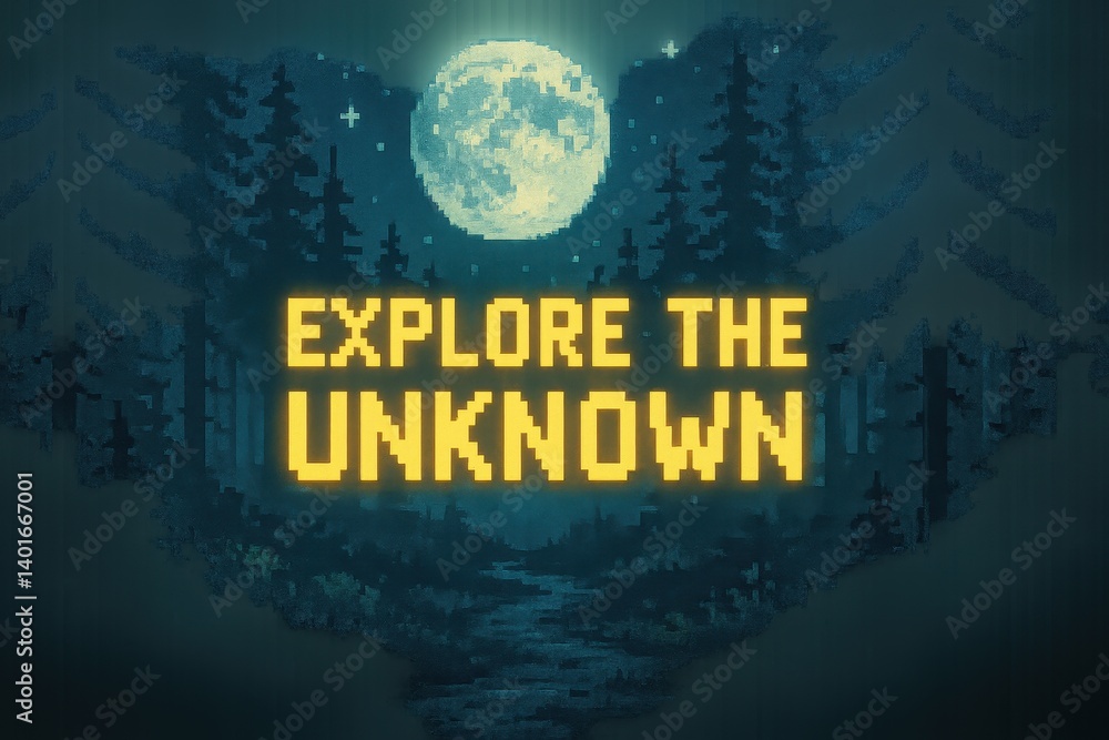 Explore the unknown: pixel art adventure - moonlit forest, path, night sky Explore the unknown: pixel art adventure - moonlit forest, path, night sky