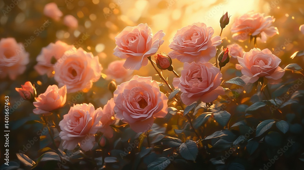 Beautiful pink roses garden blooming in sunlight romantic floral background wallpaper aesthetic image Beautiful pink roses garden blooming in sunlight romantic floral background wallpaper aesthetic image