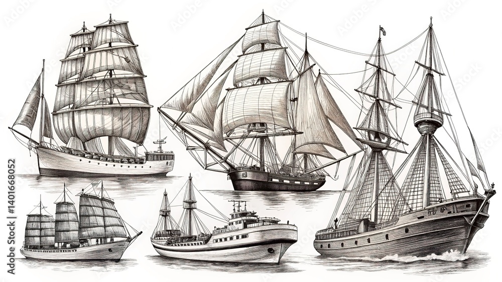 Naklejka premium Detailed Ship Drawings - Nautical Art