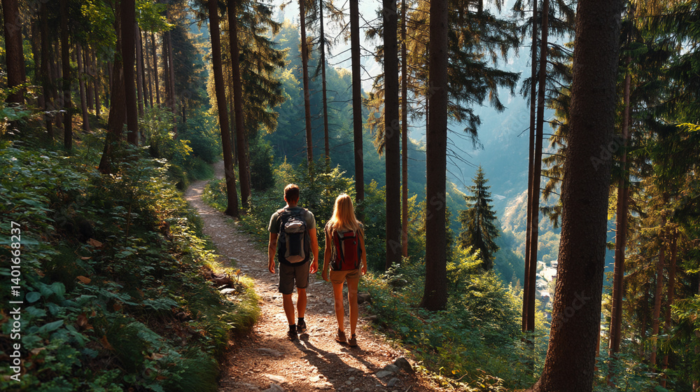 Couple Hiking Through Scenic Forest Path Surrounded by Summer Greenery and Sunlight