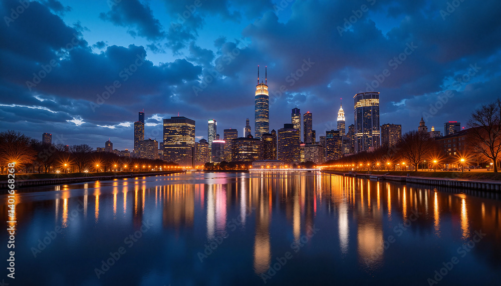 Urban skyline at dusk reflecting in calm water Urban skyline at dusk reflecting in calm water