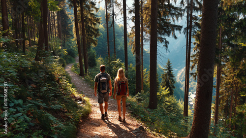 Obraz na płótnie Couple Hiking Through Scenic Forest Path Surrounded by Summer Greenery and Sunlight w salonie