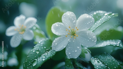 Delicate white flowers glistening with raindrops, capturing the essence of spring beauty and tranquility. The fresh petals, adorned with water droplets, offer a serene visual
