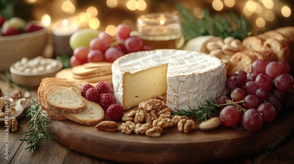 A delicious cheese platter with a variety of cheeses, crackers, fruits, and nuts. The cheese board is decorated with rosemary sprigs, making it a beautiful and inviting centerpiece for any gathering A delicious cheese platter with a variety of cheeses, crackers, fruits, and nuts. The cheese board is decorated with rosemary sprigs, making it a beautiful and inviting centerpiece for any gathering