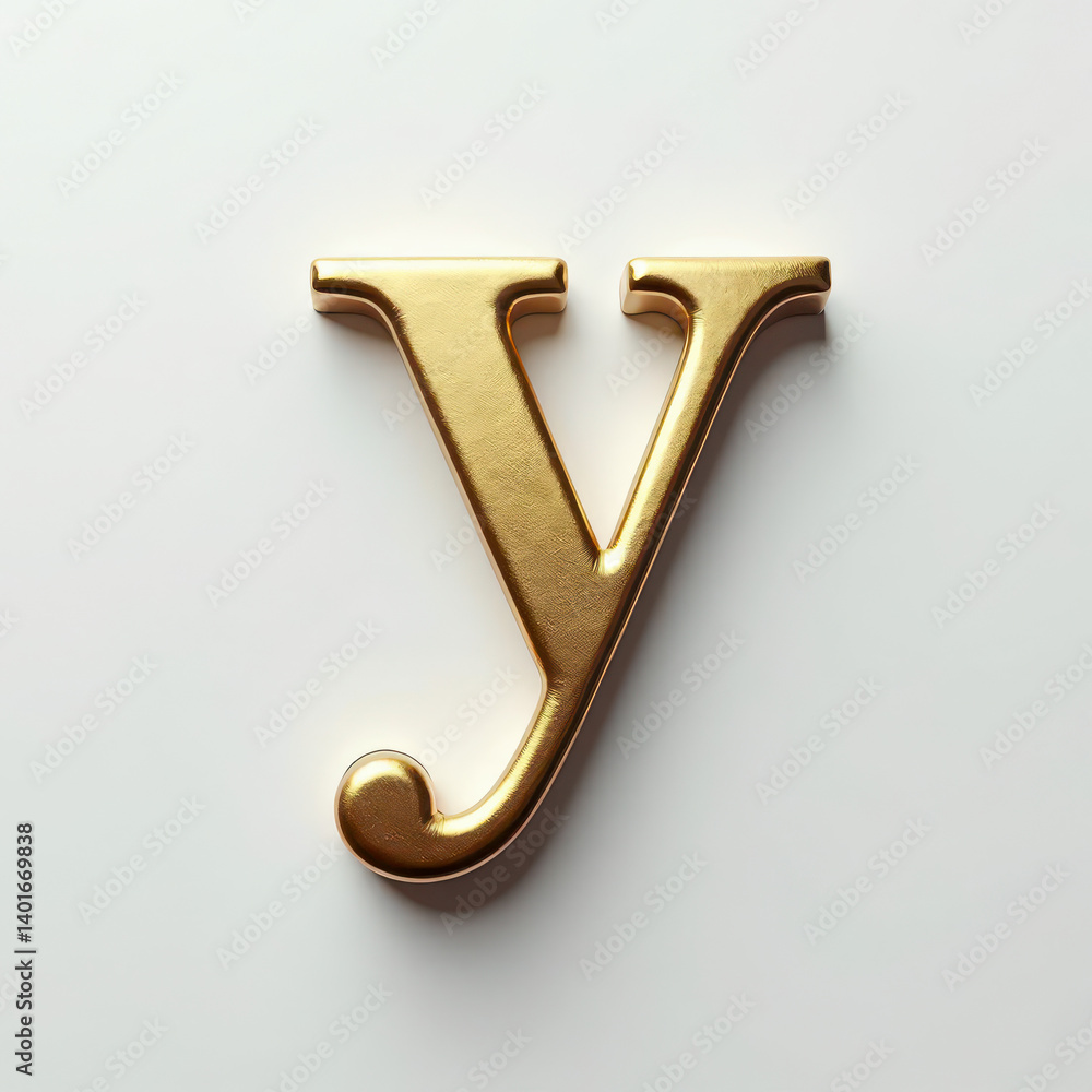 Elegant 3D gold lowercase letter y. Metallic slab serif typography element with beveled edges, isolated on white background. Modern asset for text or initials. Elegant 3D gold lowercase letter y. Metallic slab serif typography element with beveled edges, isolated on white background. Modern asset for text or initials.