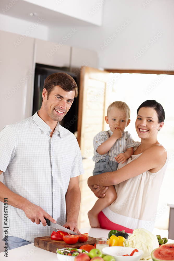 Mom, father and child in kitchen portrait for eating fruits, vegetables or healthy food. Happy, people or family home together cooking meal for nutrition, development or teaching diet and wellness Mom, father and child in kitchen portrait for eating fruits, vegetables or healthy food. Happy, people or family home together cooking meal for nutrition, development or teaching diet and wellness