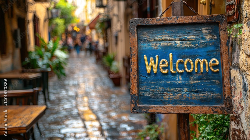 Obraz premium Welcome to this Charming Alleyway! Rustic Sign and Cobblestone Path