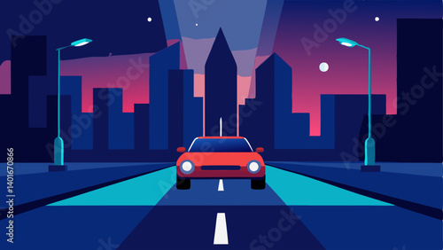 Nighttime City Drive A selfdriving car navigates a brightly lit city street at night glowing street lamps reflecting on its sleek exterior.