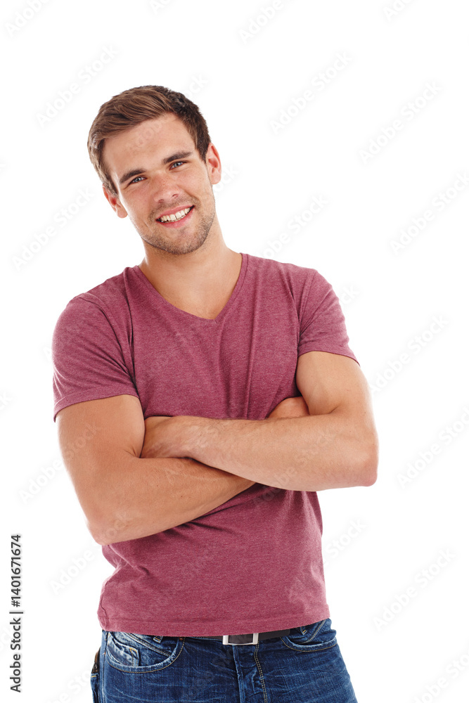 Fashion, portrait or happy man in studio with arms crossed confidence, style or easy personality on white background. Clothes, face or guy model smile in casual, cool or trendy, edgy or outfit choice Fashion, portrait or happy man in studio with arms crossed confidence, style or easy personality on white background. Clothes, face or guy model smile in casual, cool or trendy, edgy or outfit choice