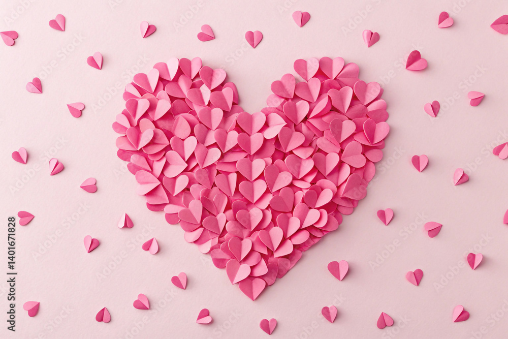 Obraz premium Heart Shape Made Of Many Paper Hearts On A Pink Background Overhead View
