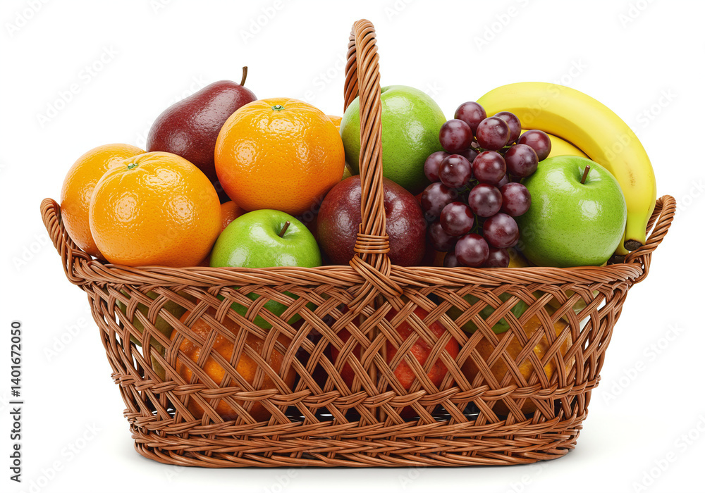 Wicker basket brimming with fresh apples, oranges, and a banana, set against a clean white background Wicker basket brimming with fresh apples, oranges, and a banana, set against a clean white background