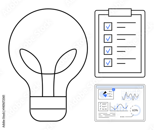 Lightbulb symbolizing ideas, checklist for task organization, and analytics dashboard for data insights. Ideal for innovation, creativity, problem-solving, collaboration, productivity, strategy