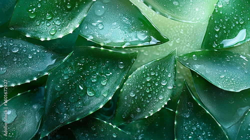 Obraz premium Aloe vera plant leaves with water droplets close up for skincare and natural remedies and wellness concept