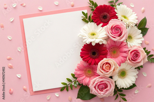 Floral Frame Of Roses And Gerberas With Copy Space On Pink Background
