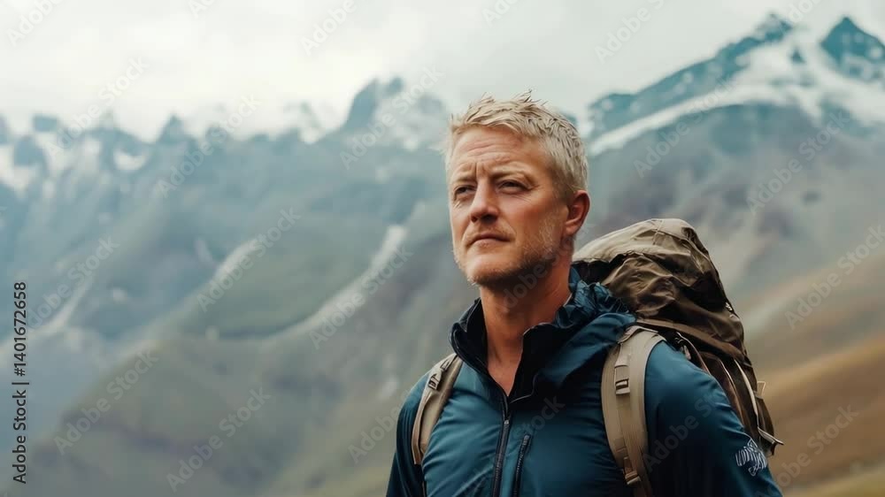 Male hiker reflecting calmly against a mountainous landscape Male hiker reflecting calmly against a mountainous landscape
